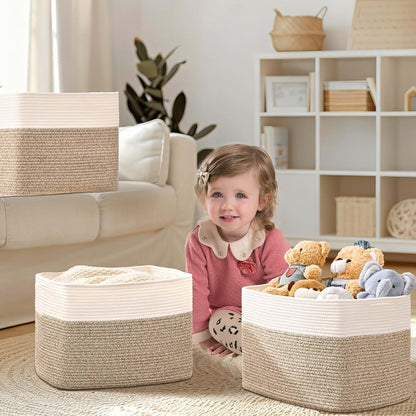 Cube Storage Baskets for Organizing Toys & Clothes | 3-Pack Cotton Rope Organizers