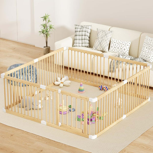 MODCART Large Wooden Baby Playpen and Adjustable Gate
