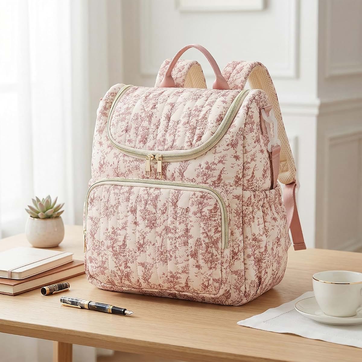BabyOneStop Floral Diaper Storage Backpack Large Capacity Polyester Padded Nursing Bag Zipper Closure