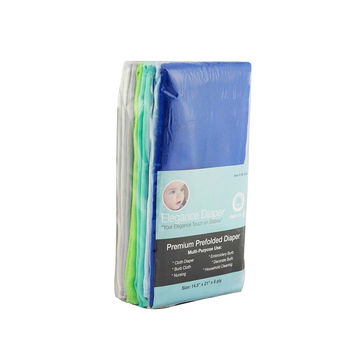 Elegance Diaper – Prefold Cloth Diaper | 6-Pack | Boy Assorted| 100% Cotton | Soft, Absorbent, Reusable | Crafted with