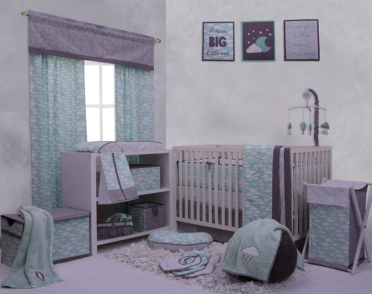Bacati Clouds in The City Air Balloon Grey Plush Blanket, Mint/Grey (photo 4)