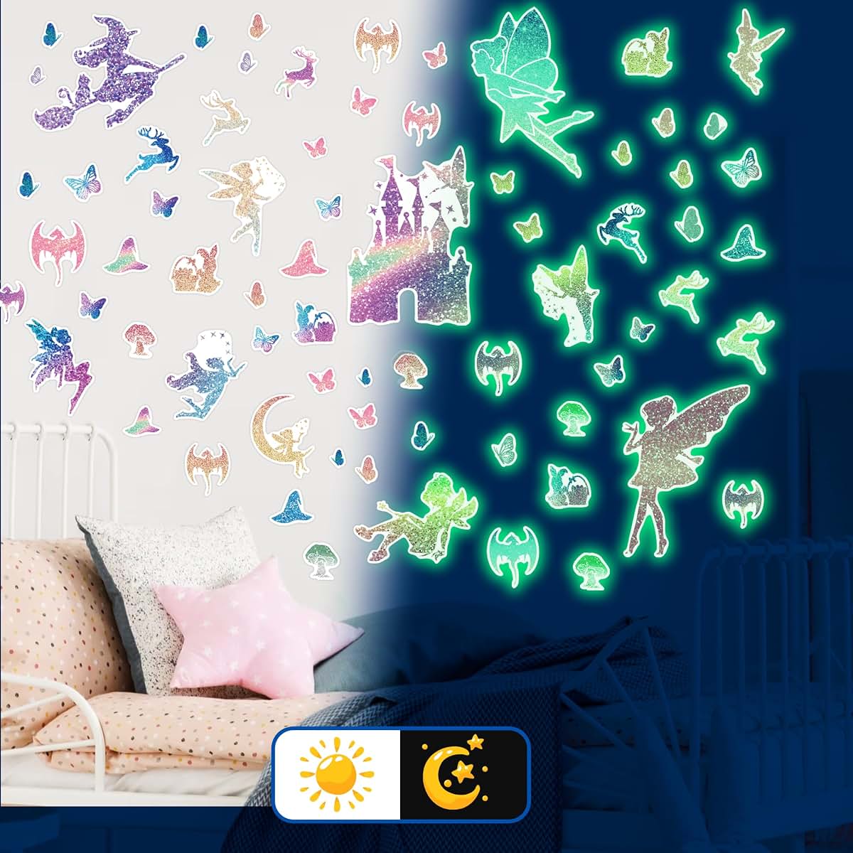 BabyOneStop Glow in the Dark Fairy Wall Decals with Glitter Butterflies and Witch Stickers for Kids Room