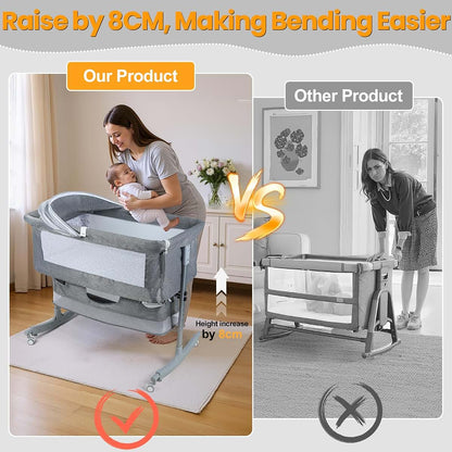 toxaaiwr 3-in-1 Bedside Crib for Baby, Adjustable Height Bassinet with Wheels, Storage Basket and Mosquito Net, Grey
