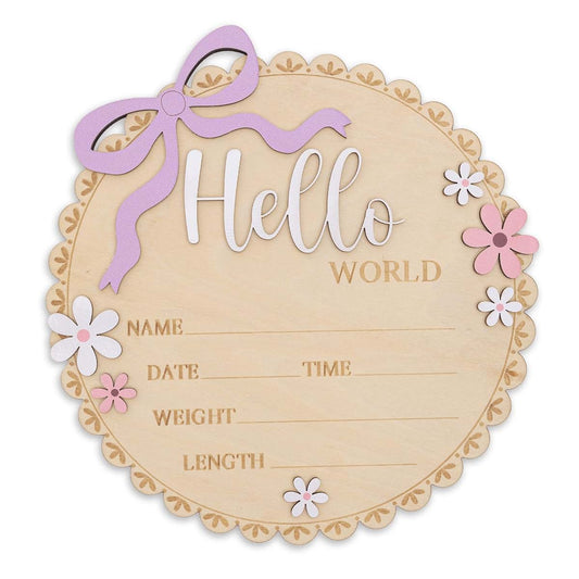 TTMerriwood Hello World Wooden Baby Birth Announcement Sign, Pink Floral Newborn Name Date Time Weight Length Board