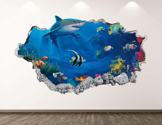West Mountain Shark Wall Decal Art Decor 3D Smashed Aquarium Sticker Poster Kids Room Mural Custom Gift BL130 (30"W x
