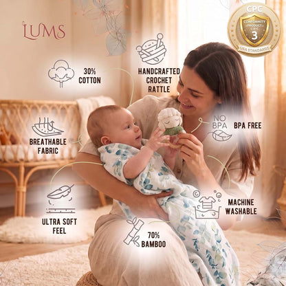 LUMS Baby Gift Basket – Newborn Gift Set 6 Pieces: Bamboo Blanket, Footprint Frame, Rattle, Comb, Pacifier Clip & (photo 4)