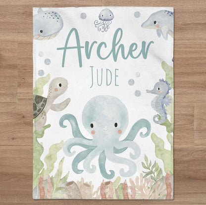ZEBRA88 Personalized Ocean Baby Boy Name Blanket, Octopus Sea Animals Nursery Bedding, Custom Turtle Seahorse Theme (photo 2)
