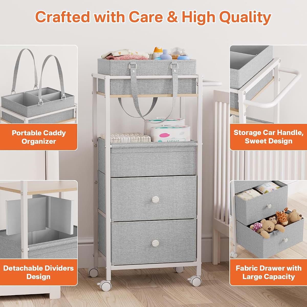 3In1 Modanais Baby Diaper Caddy Organizer Cart with Drawers, Light Gray (photo 4)