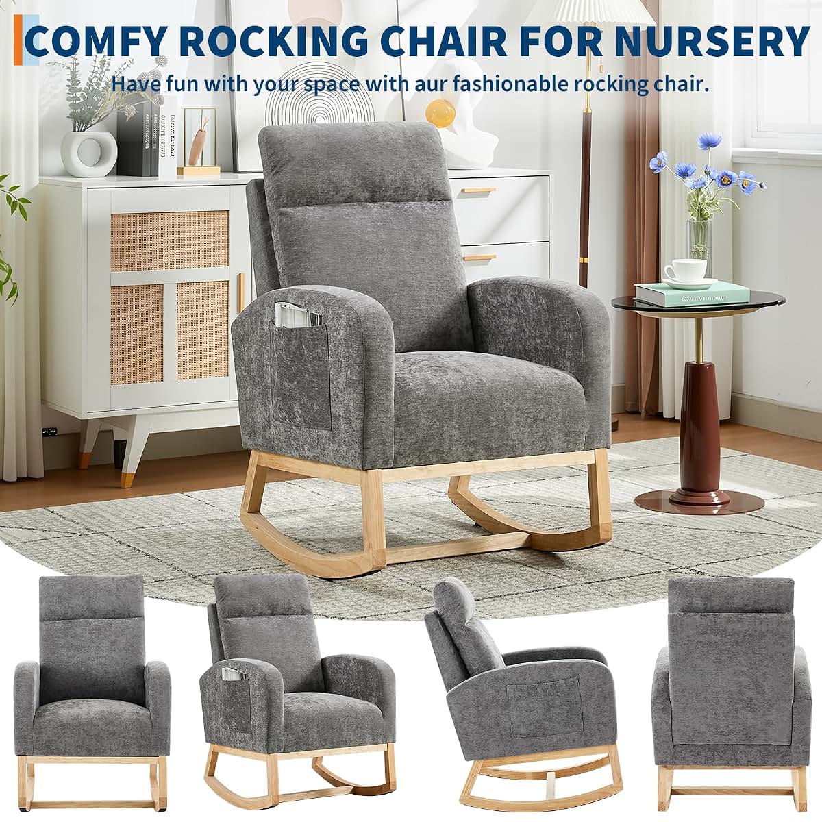Amenitlif Rocking Chair Glider for Nursery, 300 Lbs, Side Pocket & Backrest (photo 3)