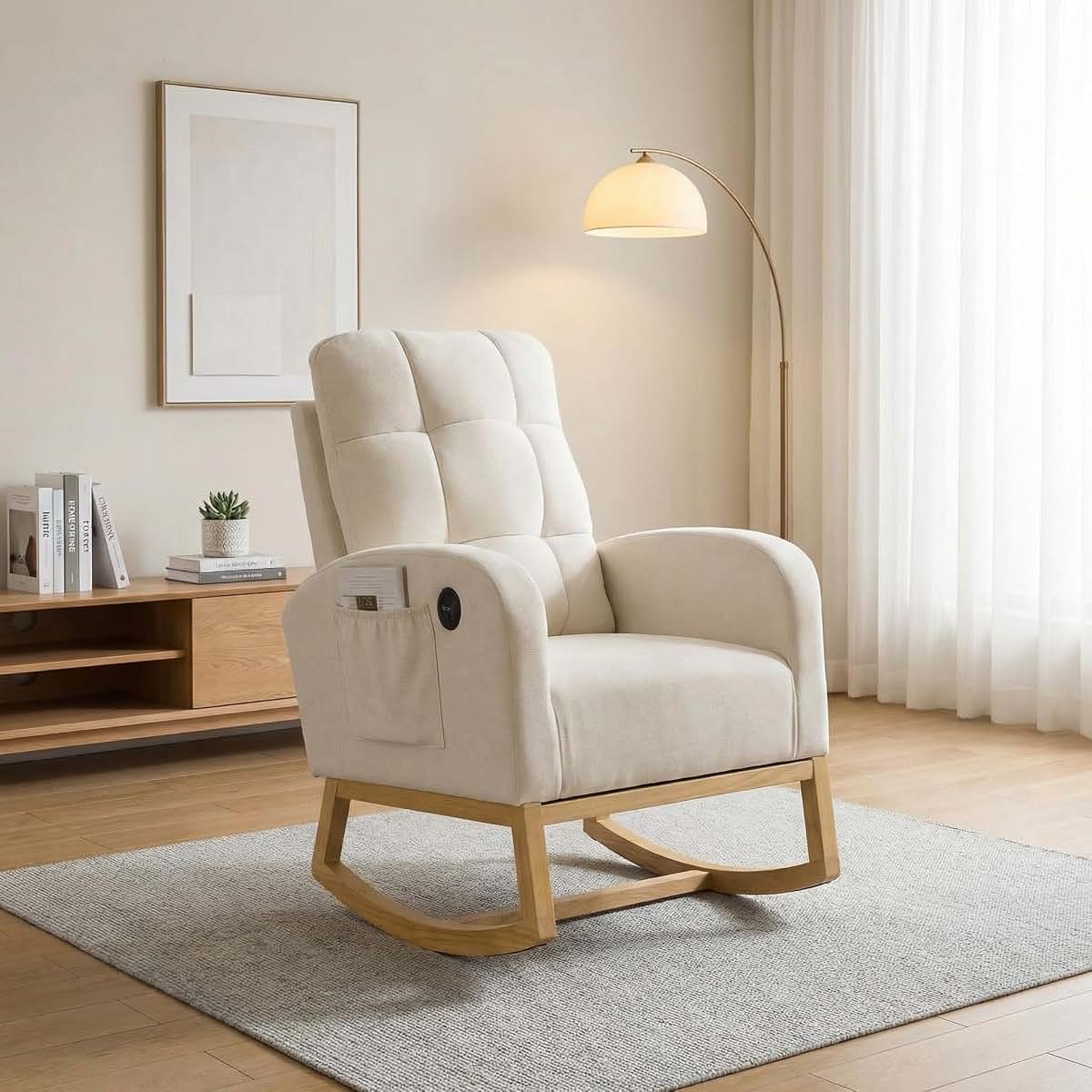Amenitlif Nursery Rocking Chair With Side Pocket And Wood Legs