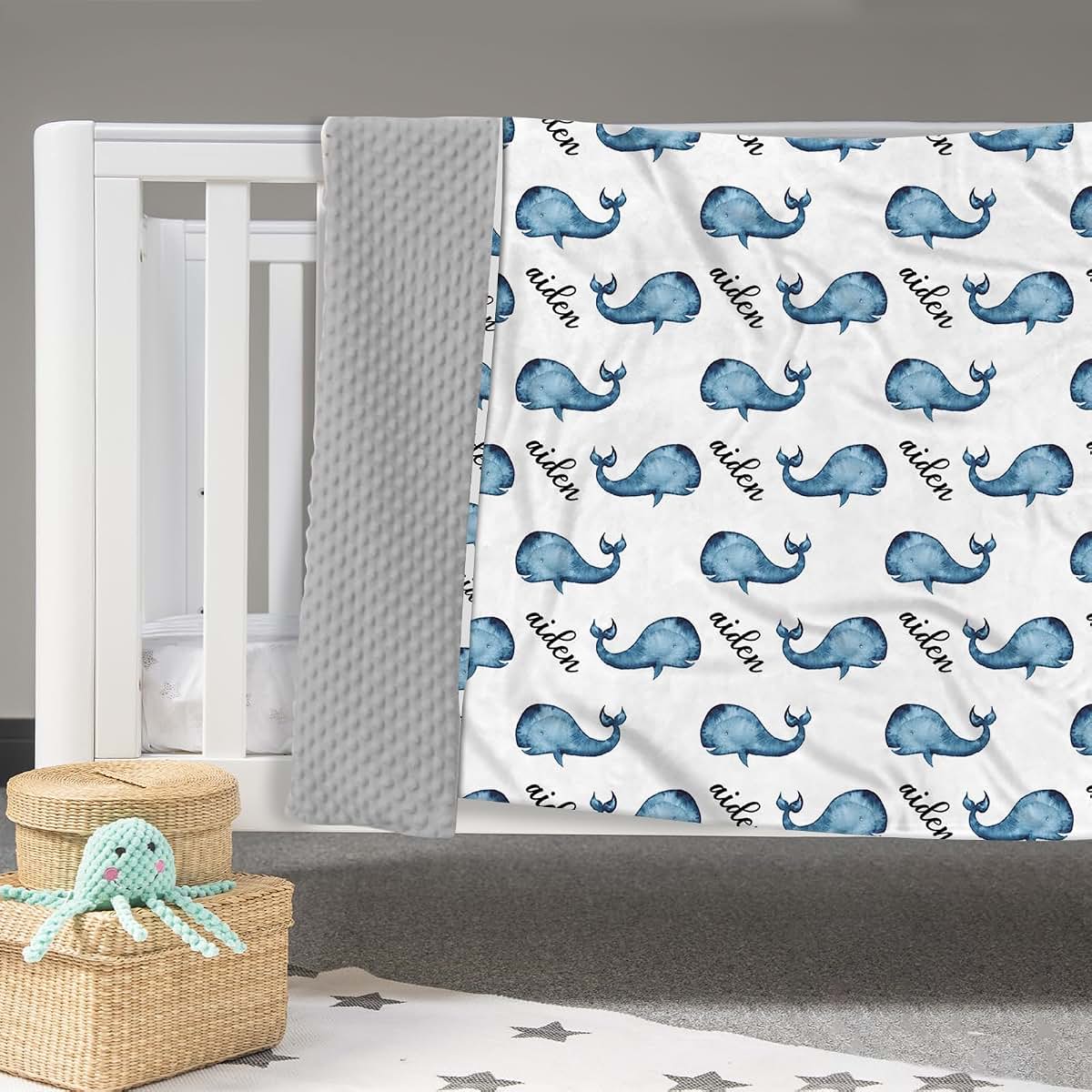 Kryvoxc Personalized Baby Blankets with Name, Whale Double Layer Receiving Swaddle Blanket with Dotted Backing, Soft (photo 2)