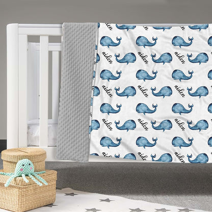 Kryvoxc Personalized Baby Blankets with Name, Whale Double Layer Receiving Swaddle Blanket with Dotted Backing, Soft (photo 2)