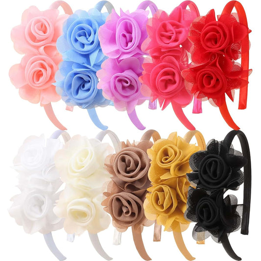 WJYX BOWS 10pcs Girls Rose Flower Headband, Floral Hair Band for Baby Girls