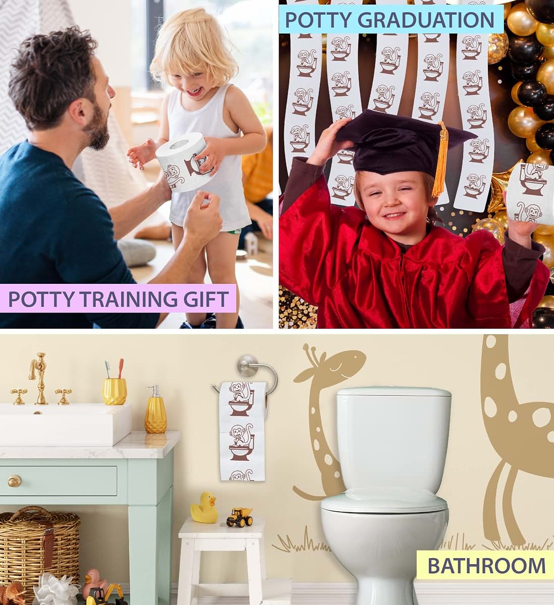 Printed TP Monkey Potty Training Printed Toilet Paper Roll – Fun Toddler Potty Training Toilet Roll for Teaching Kids (photo 4)