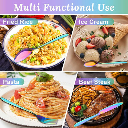 16-Piece Rainbow Stainless Steel Flatware Utensil Set for Dining