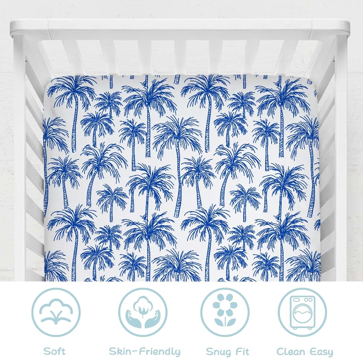 Dpjkevw Tropical Palm Tree Baby Crib Sheets Boys & Girls Blue Palm Trees Soft Fitted Newborn Bedding Nursery Baby (photo 3)