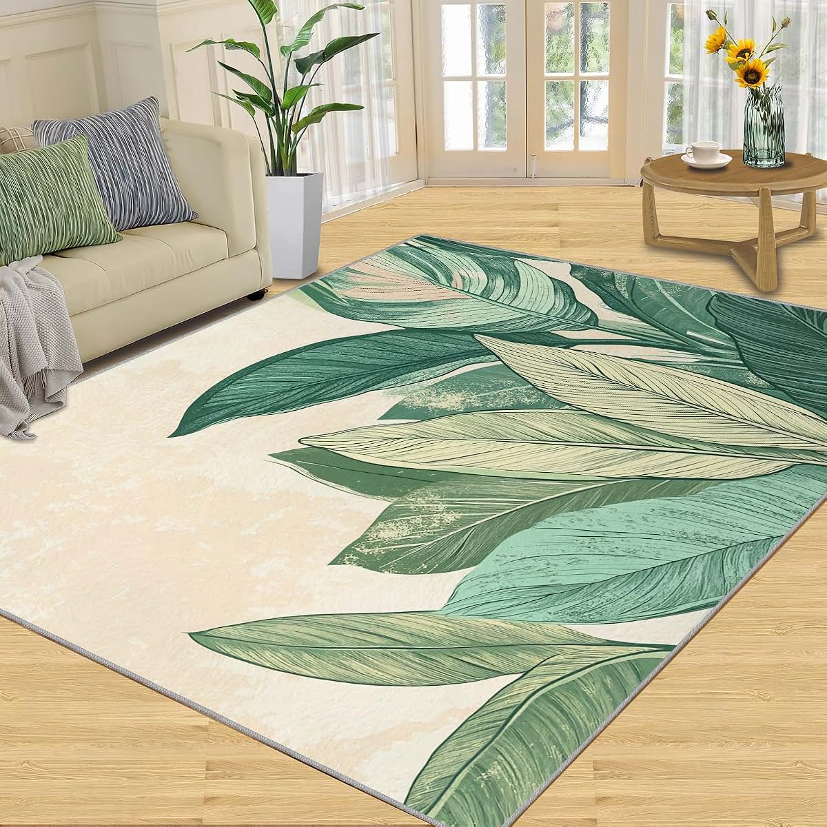 Hygiuid 4x5 Leaves Area Rug, Rectangular Botanical Print Carpet (photo 3)