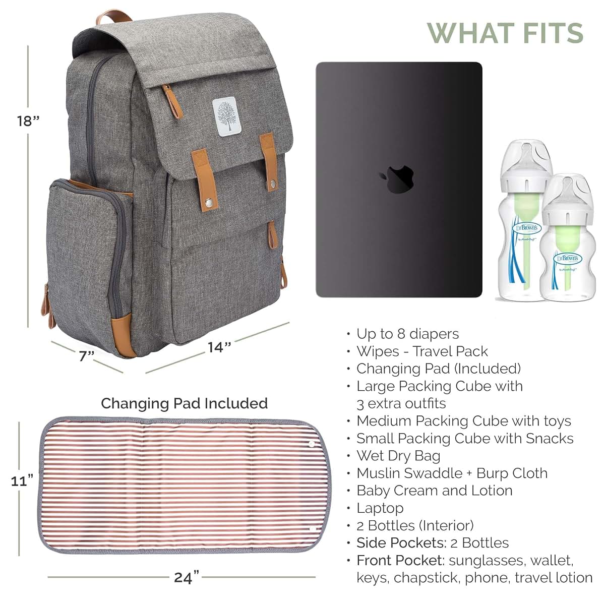 Parker Baby Co. 8-Year Original Birch Diaper Backpack Gray Insulated Bottle Pockets Stroller Straps