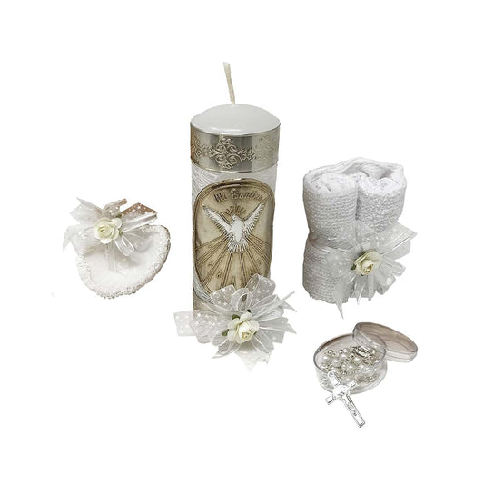 Arcángeles Mexicanos Catholic Baptism Candle Set With Towel, Rosary, And Shell