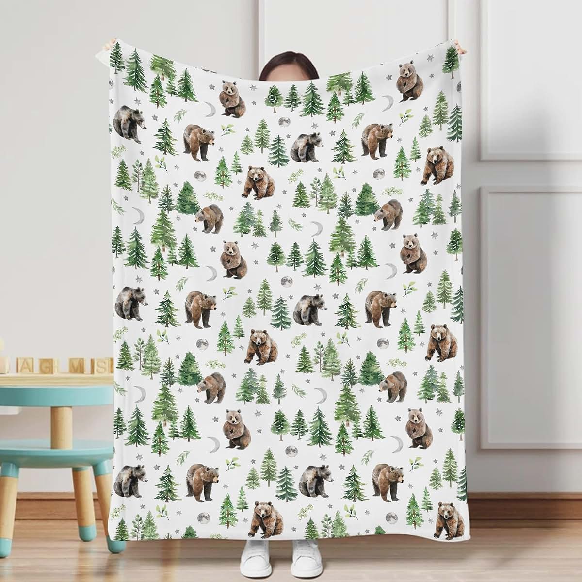 Bears Print Flannel Baby Blanket for Nursery Swaddle Throw