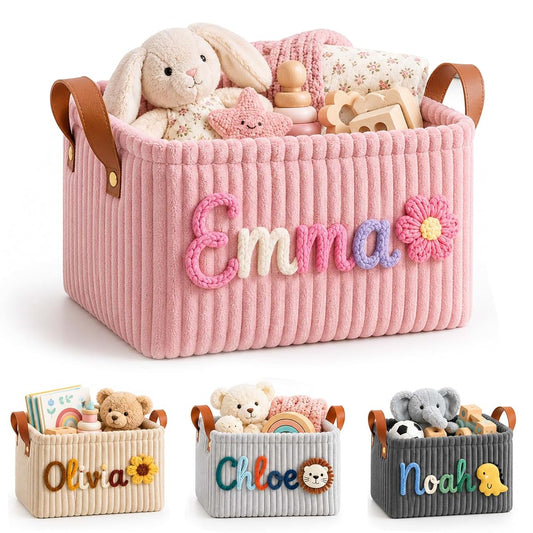 KALOTOYS Personalized Baby Basket with Name, Custom Knitted Name Corduroy Nursery Storage Basket, Diaper Caddy