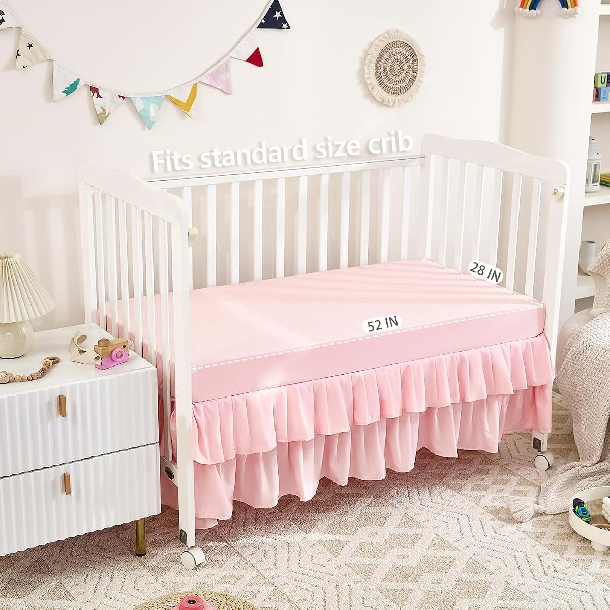 NacoMoco 3-Piece Tufted Ruffle Crib Bedding Set for Girls, Light Pink