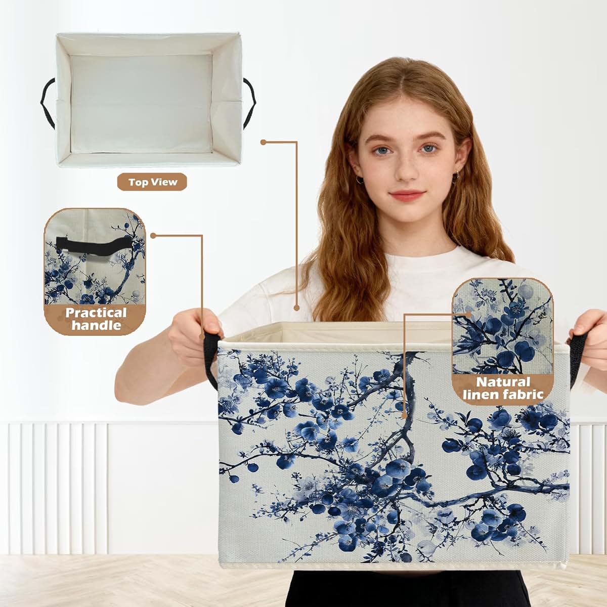 Ghoaoivo Chinoiserie Blue Floral Storage Box Bin for Clothes and Decor