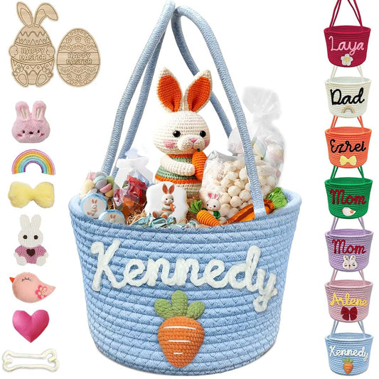 Hapelf Personalized Easter Basket for Boys Girls Custom Name Baskets with Handle Woven Rope Rabbit Eggs Bucket Gifts