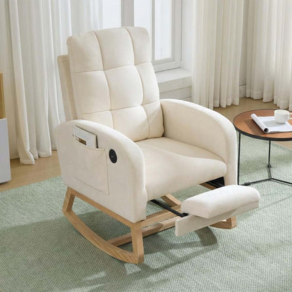 IDEALHOUSE Nursery Rocking Recliner Chair with Footrest & USB Port, Upholstered Mid-Century Glider Rocker with High