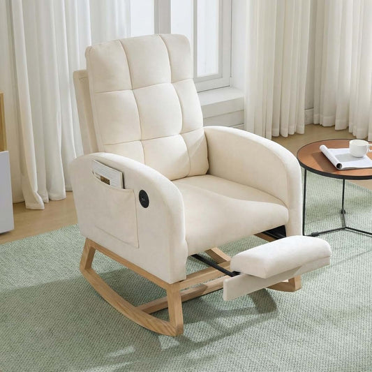 IDEALHOUSE Nursery Rocking Recliner Chair with Footrest & USB Port, Upholstered Mid-Century Glider Rocker with High