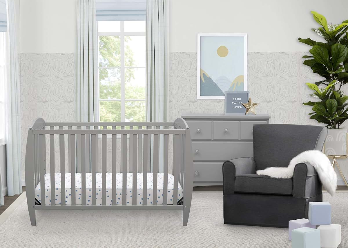 Delta Children Taylor 4-in-1 Convertible Baby Crib, Grey, Sustainable New Zealand Wood