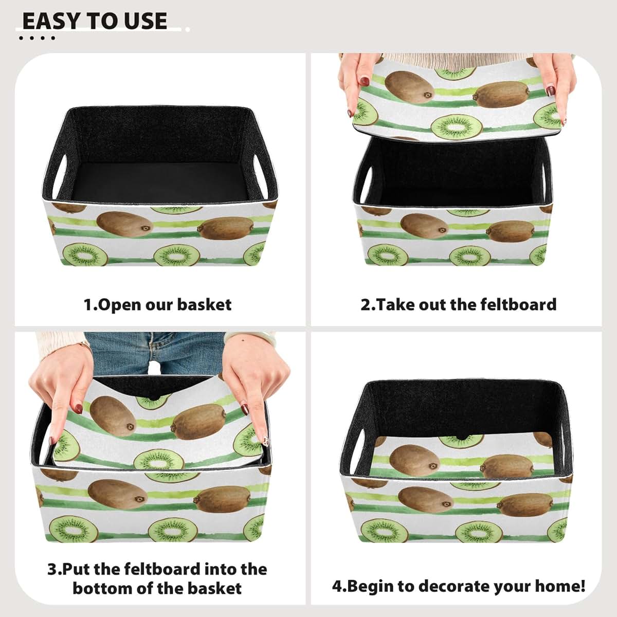 xigua Watercolor Kiwis Storage Bins, Set of 2, Collapsible, Felt