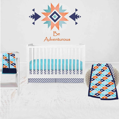 Bacati - Aztec Print Liam Aqua Orange Navy 4 pc Crib Bedding Set with Diaper Caddy