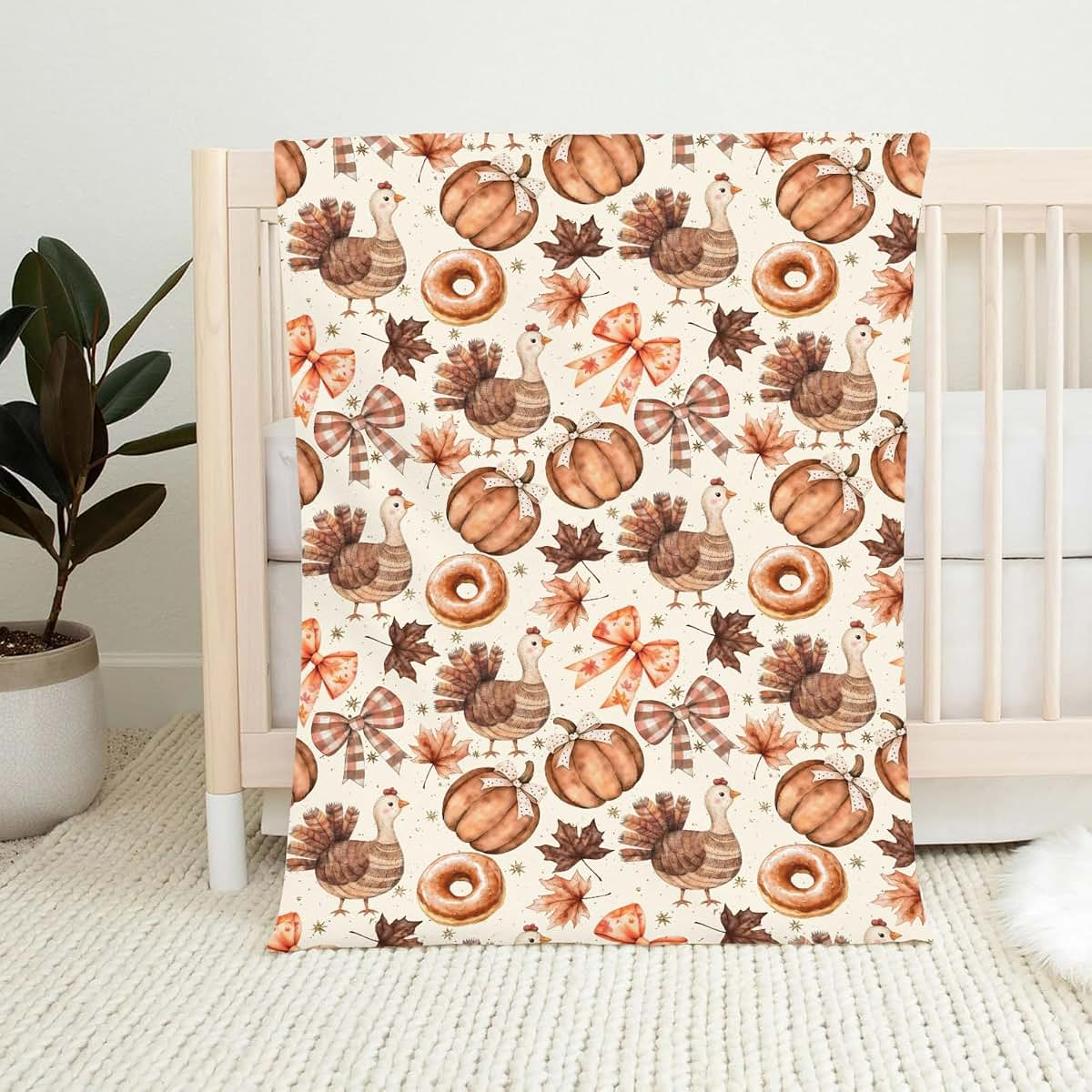 Wicbfdfv Thanksgiving Turkey Pumpkin Flannel Baby Blanket (photo 2)