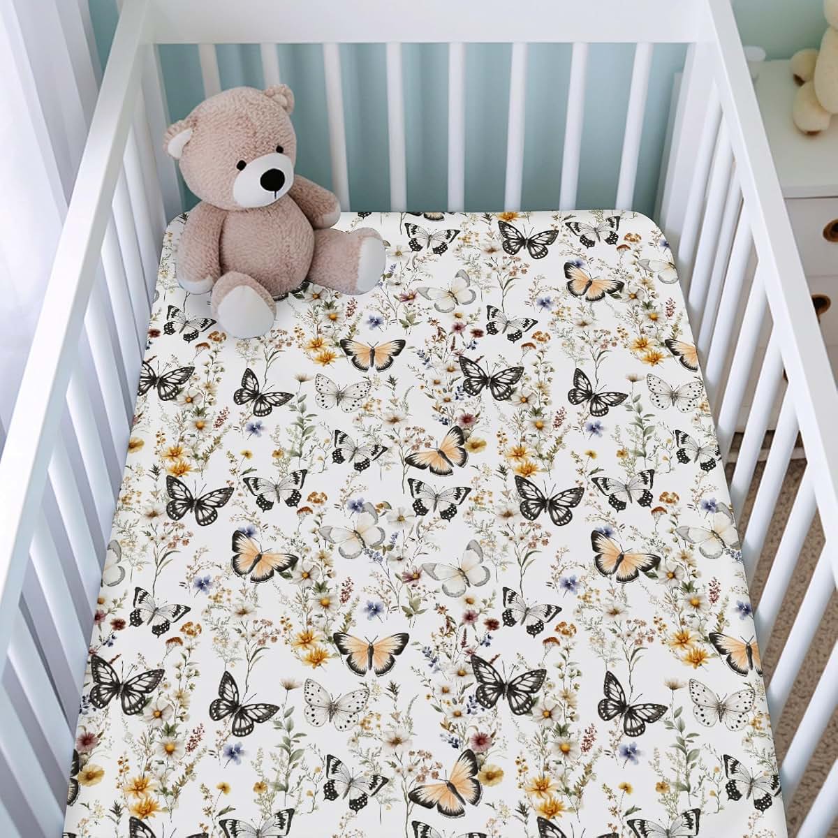 Vintage Butterflies Floral Baby Crib Sheet 52x28 Inch Fitted Breathable Polyester