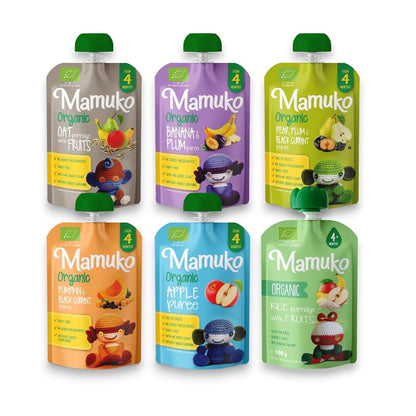 MAMUKO Organic Fruit Puree with Porridge - 6 Flavors Pouches with No Added Sugar