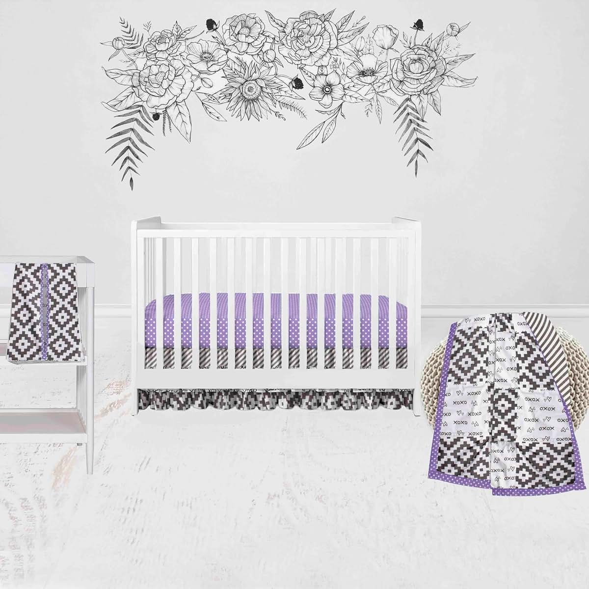 Bacati - Love Gray Lilac 4 Piece Crib Bedding Set with Diaper Caddy