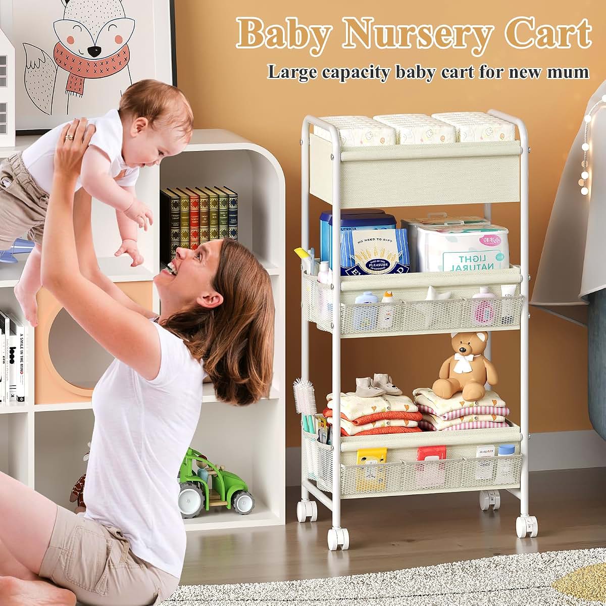 Diaper Caddy Cart Organizer | Mobile Nursery Storage Utility Cart