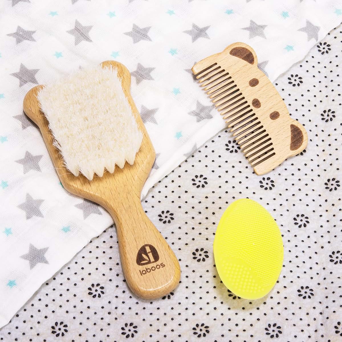 laboos Baby Hair Brush and Comb Set with Wooden Handle and Goat Bristles, Bear
