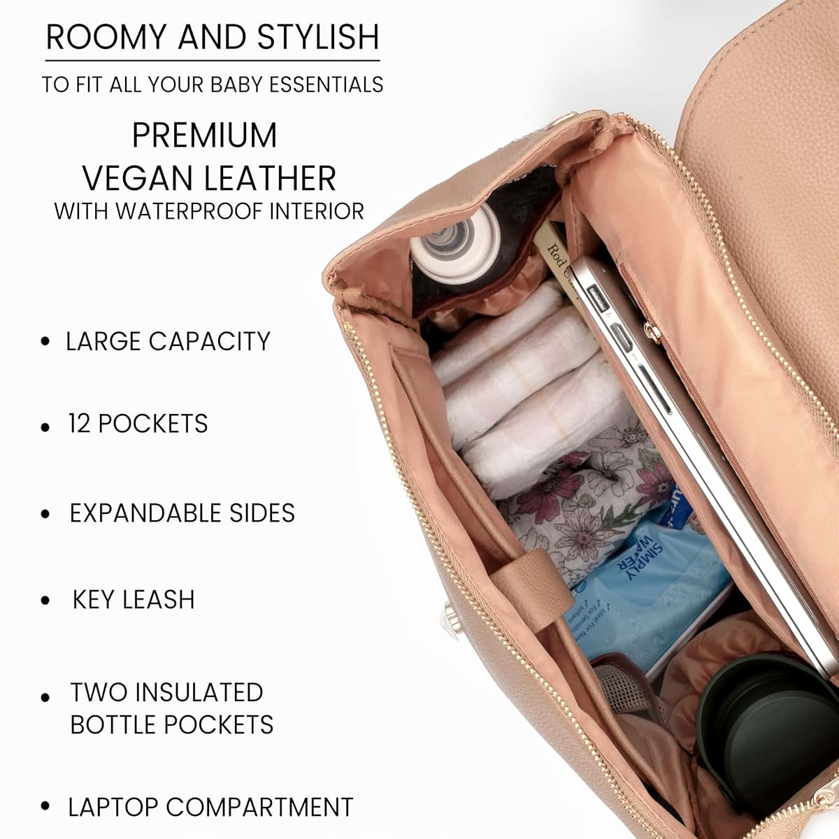 Roo and Bear Vegan Leather Diaper Bag Backpack in Tan Brown (photo 3)