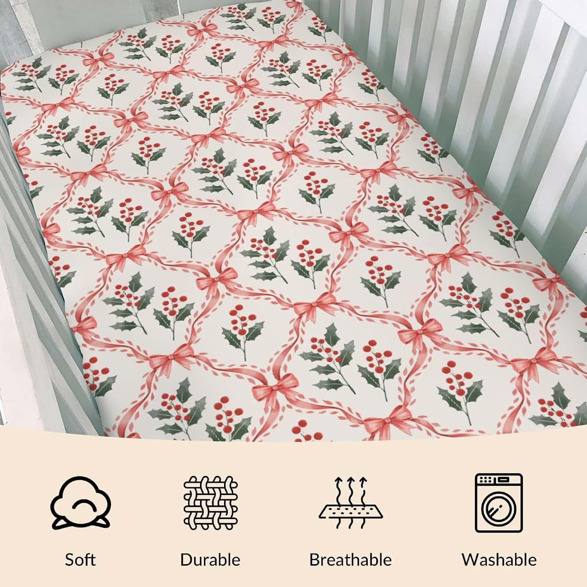 Cstdyfrv Red Christmas Holly Bows Checkered Baby Boys Girls Crib Sheets Christmas Cherry Fir Leaves Plaid Baby Sheets (photo 3)