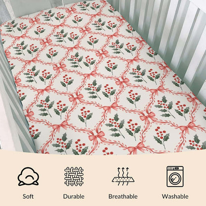 Cstdyfrv Red Christmas Holly Bows Checkered Baby Boys Girls Crib Sheets Christmas Cherry Fir Leaves Plaid Baby Sheets (photo 3)