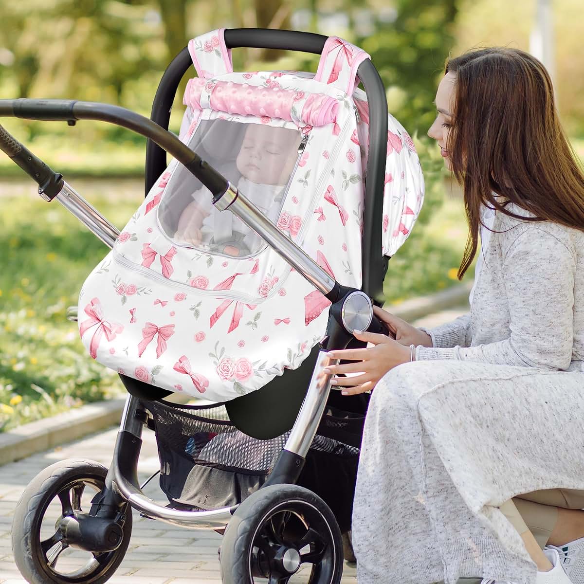 Jundetye Pink Rose Infant Car Seat Cover With Dual Windows (photo 3)