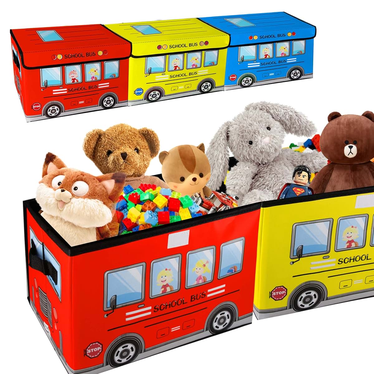 Saderoy Kids Toy Chest and Storage Organizer, School Bus Pattern, 3 Pack
