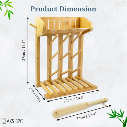 AKS B2C Bamboo Baby Bottle Drying Rack, 9 Bottle Capacity, Vertical Countertop Organizer with Cleaning Brush