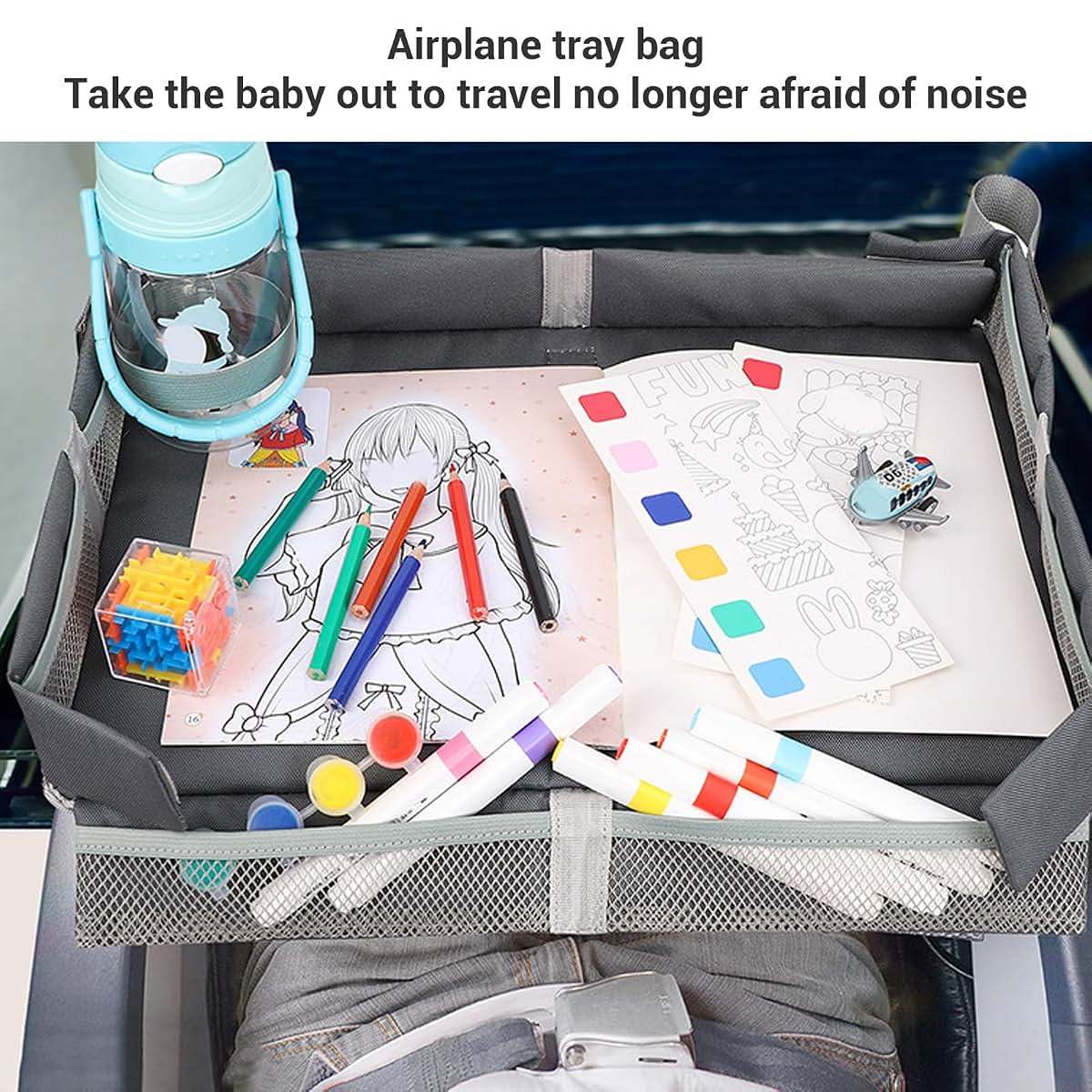 SIXRUN Kids Airplane Travel Tray Cover, Folding Table Toy Organizer Bag, Grey, Polyester Fiber, Multifunctional Design (photo 3)
