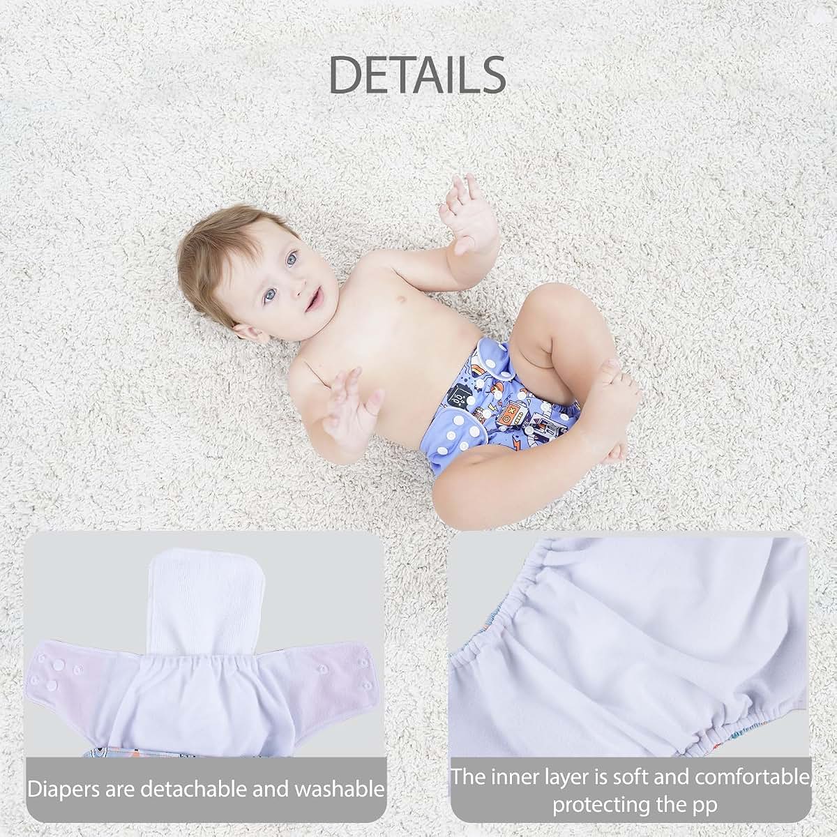 AIO Reusable Baby Cloth Diapers 4 Pack with 8 Microfiber Inserts, Adjustable Pocket Diapers Waterproof TPU Cover for (photo 3)