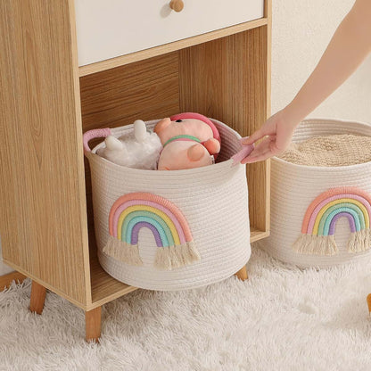 INough Woven Cotton Rope Toy Storage Basket With Rainbow Decor (photo 4)