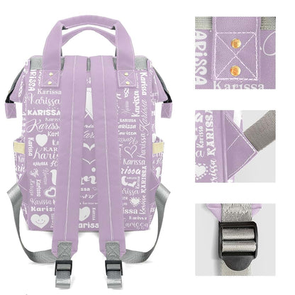 YallLocoMo Personalized Diaper Bag Backpack Gift Heart Name Lettering Monogram Purple Large Capacity Nappy Bag: (photo 4)
