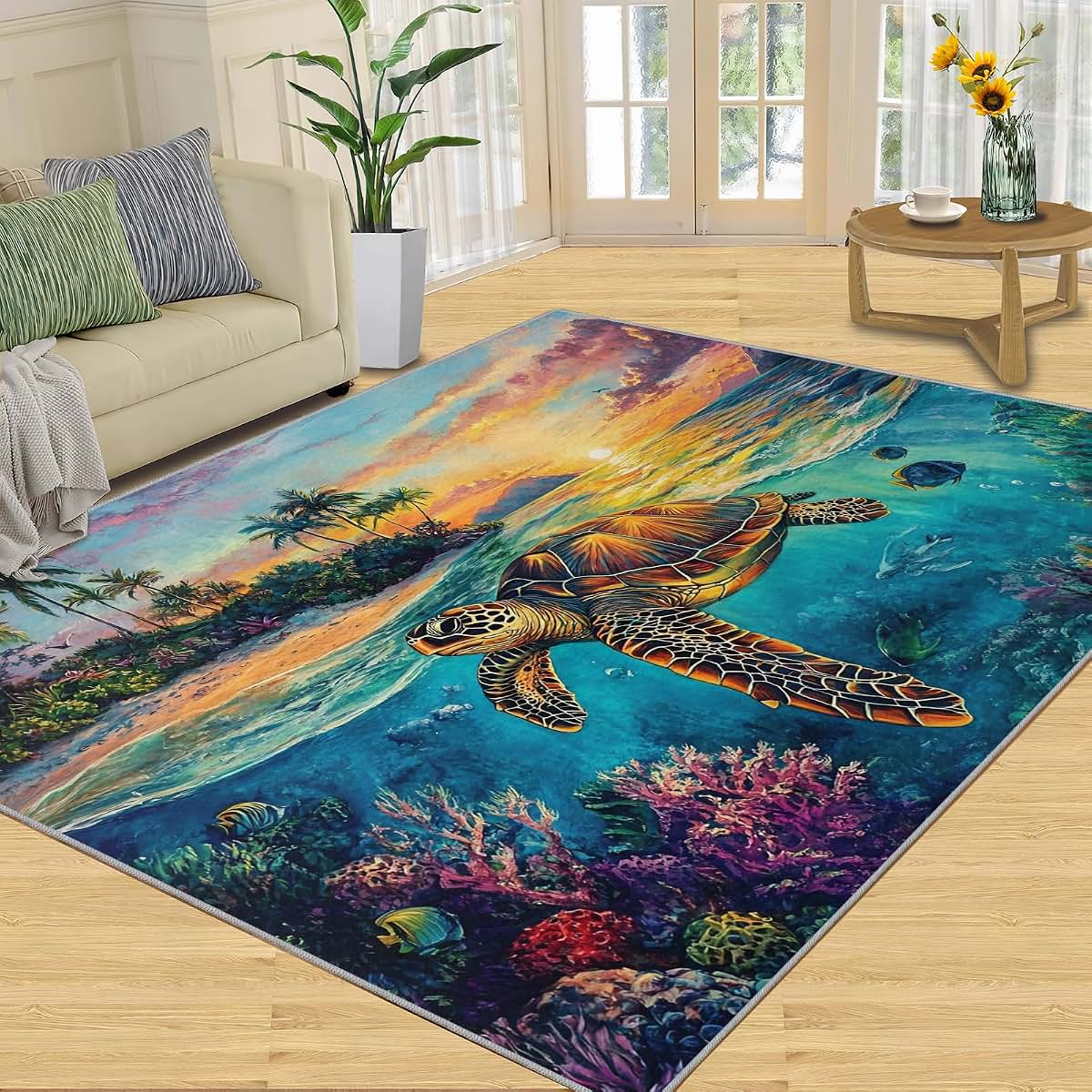 HYGIUID 4x5 Atlantic Sea Turtle Area Rugs - Island Scenery Rug for Entryway, Seascape Oil Painting Washable Entry Way